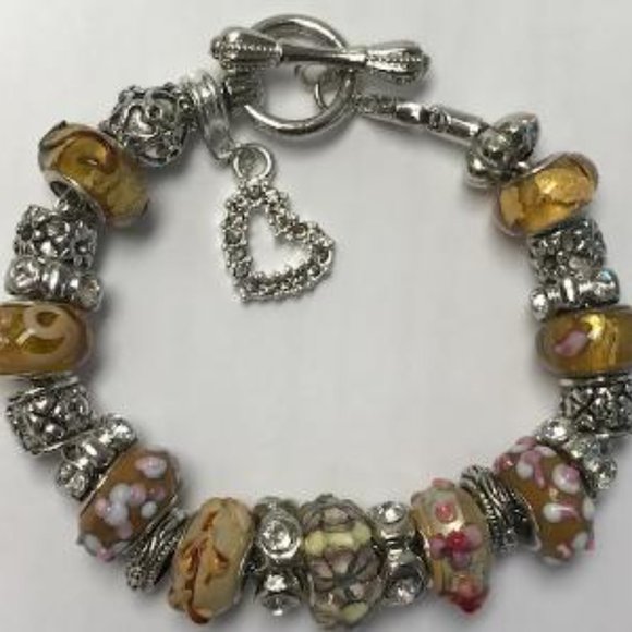 European Style Charm Bracelet with Murano Glass Beads, Toggle Clasp+Stopper,7.9" - Picture 8 of 13